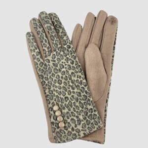 Women's Winter Fashion Gloves Leopard Print Faux Cashmere Suede Taupe OS